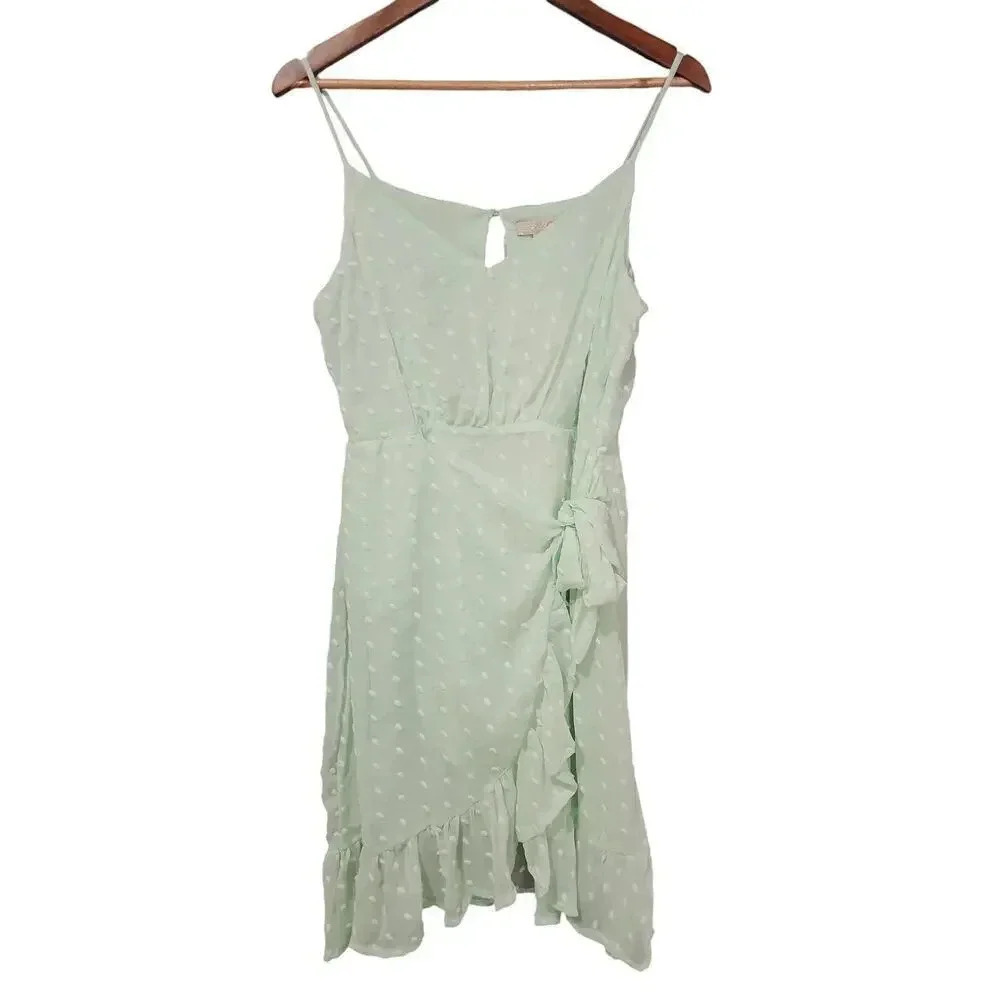 Gianni Bini Swiss Dot Ruffle Mini Dress Mint Green Size L NWT